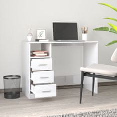 Vidaxl Pisalna miza s predali visok sijaj bela 102x50x76 cm inž. les