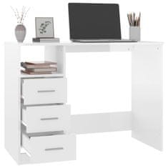 Vidaxl Pisalna miza s predali visok sijaj bela 102x50x76 cm inž. les
