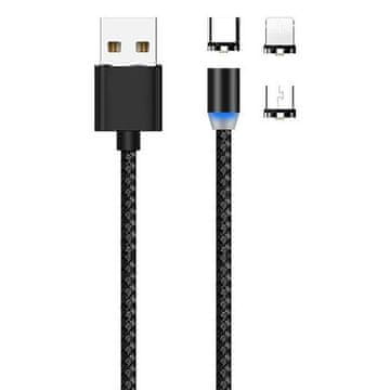 MG 3in1 magnetno USB kabel + plug adapter Micro USB / USB-C / Lightning 1m, črna
