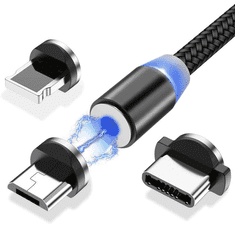 MG 3in1 magnetno USB kabel + plug adapter Micro USB / USB-C / Lightning 1m, črna