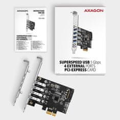 AXAGON PCEU-43RS, krmilnik PCIe, 4x USB 3.2 Gen 1, 5 Gb/s, napajanje PCIe ali SATA, SP in LP