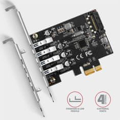 AXAGON PCEU-43RS, krmilnik PCIe, 4x USB 3.2 Gen 1, 5 Gb/s, napajanje PCIe ali SATA, SP in LP