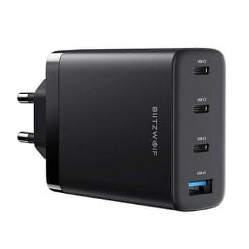 Blitzwolf BW-S23 omrežni polnilnik, 3x USB-C, USB-A, GaN, 100 W (črn)