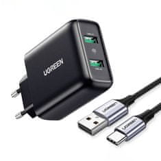 Ugreen omrežni polnilec 2xusb-a, 18w, pd3.0, eu (črn)