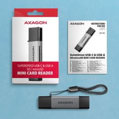 AXAGON CRE-DAC, USB-C + USB-A, 5 Gb/s - MINI bralnik kartic, 2 reži in lun SD/microSD, podpora UHS-I