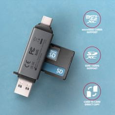 AXAGON CRE-DAC, USB-C + USB-A, 5 Gb/s - MINI bralnik kartic, 2 reži in lun SD/microSD, podpora UHS-I