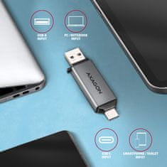 AXAGON CRE-DAC, USB-C + USB-A, 5 Gb/s - MINI bralnik kartic, 2 reži in lun SD/microSD, podpora UHS-I