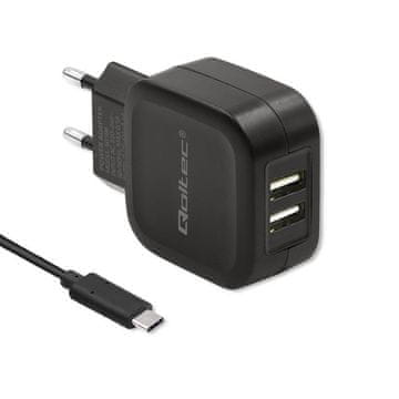 Qoltec stenski polnilnik 17 W | 5 V | 3,4 A | 2 x USB + kabel USB tipa C