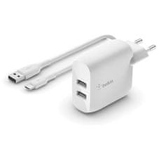 Belkin BOOST CHARGE Dvojni 24W stenski polnilnik USB-A + 1m kabel USB-C, bela