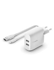 Belkin BOOST CHARGE Dvojni 24W stenski polnilnik USB-A + 1m kabel lightning, bel