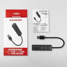 AXAGON HMA-CR3A, vozlišče USB 3.2 Gen 1, 3x vrata USB-A + bralnik kartic SD/microSD, kovina, kabel USB-A 20 cm