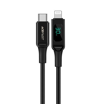 AceFast Kabel s pletenim oplaščenjem in LED zaslonom za iPhone MFI USB-C - Lightning 1,2 m 30 W 3 A črn