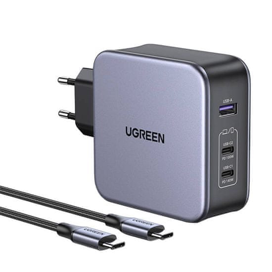 Ugreen CD289 GaN polnilnik 2x USB-C / USB 140W + kabel USB-C, srebro