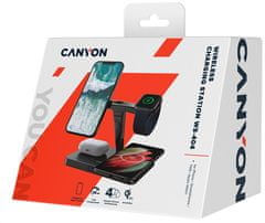 Canyon Brezžični polnilnik WS-404B + napajalnik, 4v1, Qi in Apple MagSafe, vhod 12V/3A, izhod 15/10/7,5/5W, črn