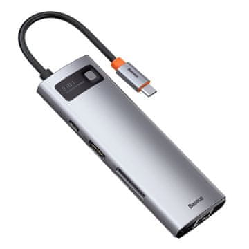 BASEUS Večnamenski 8-v-1 USB HUB USB-C PD 100W HDMI čitalnik SD in microSD kartic 3x USB 3.2 RJ45 siv