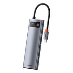 BASEUS Večnamenski HUB 8v1 USB USB-C PD 100W HDMI čitalnik SD in microSD kartic 3x USB 3.2 RJ45 Siva