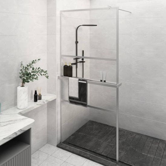 Vidaxl Pregrada za tuš s polico krom 80x195 cm ESG steklo in aluminij
